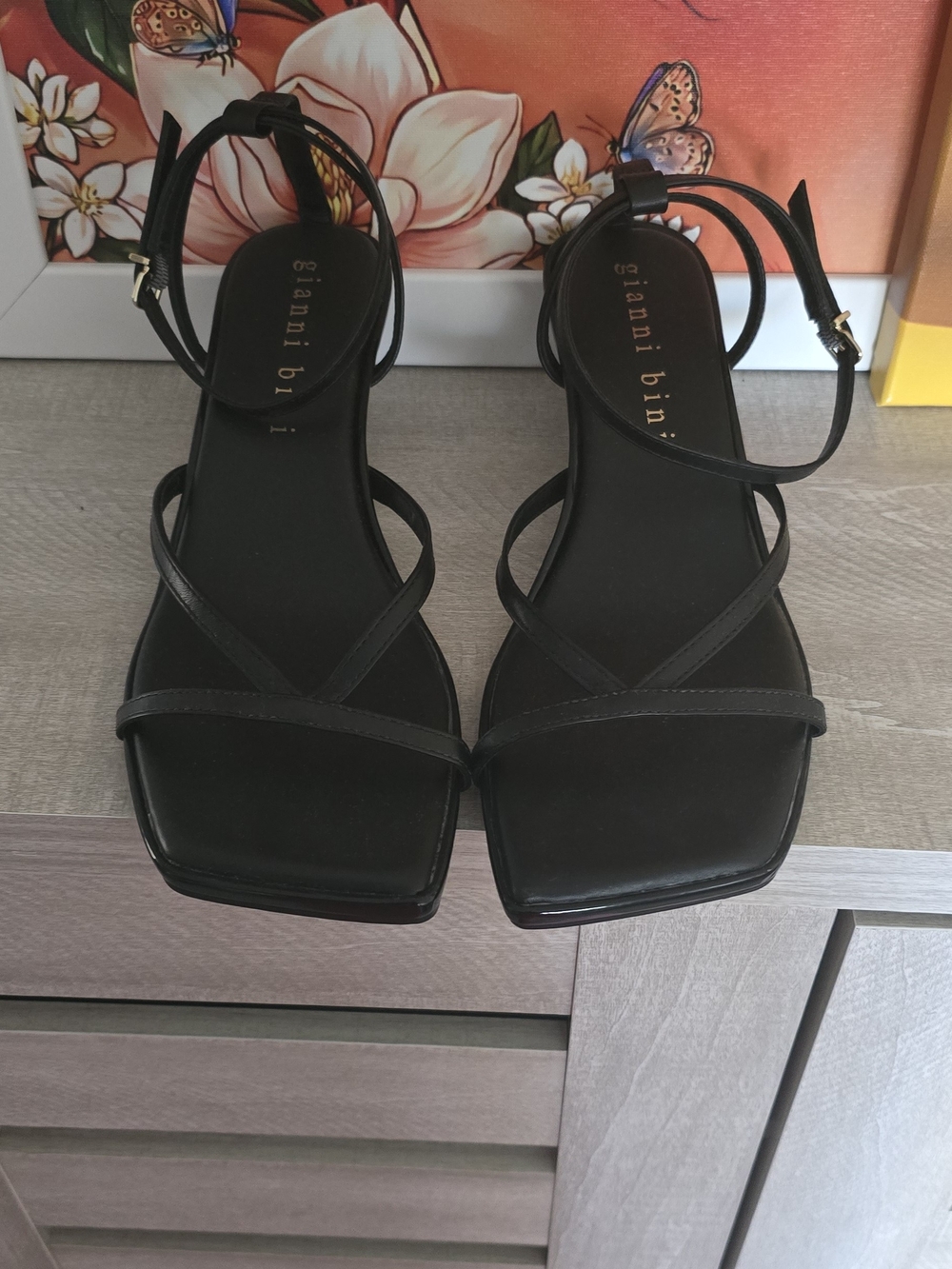 Gianni Bini Black Strappy Square-Toe Ankle-Strap Sandals